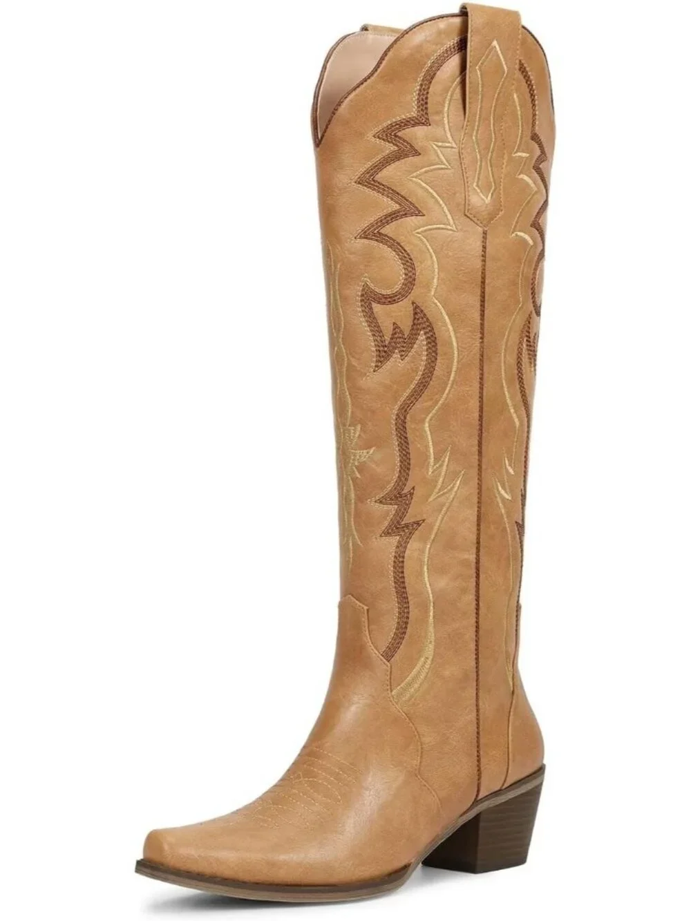 Women's Matte Tan Chunky Heel Slip on Pointed Knee High Cowgirl Tall Boots